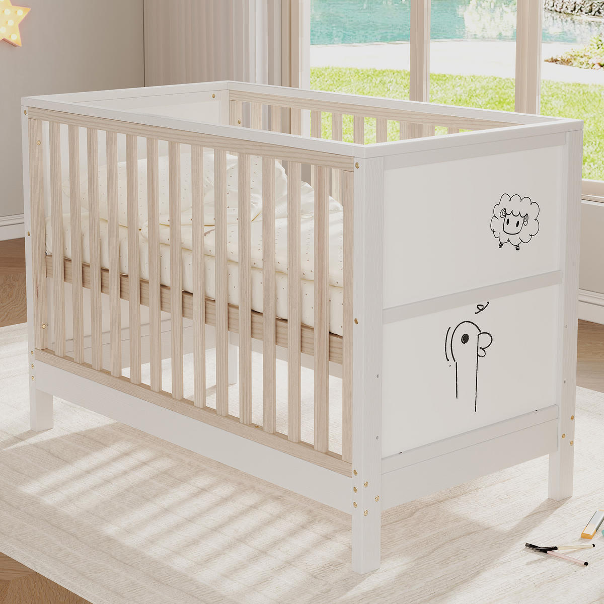 BABYBETT 60/120 cm in Natur/Weiß Massivholz mit bemalbaren Tafeln, 3-fach höhenverstellbar - Weiß/Naturfarben, Holz/Holzwerkstoff (60/120cm) - WISHDOR
