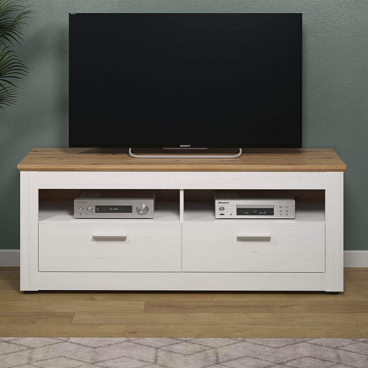 TV-MÖBEL 2 Schubladen und 2 Fächer, helles Holzdekor und Weiß, L148 cm - Shade - Weiß, Holzwerkstoff (45/59/148cm) - Calicosy