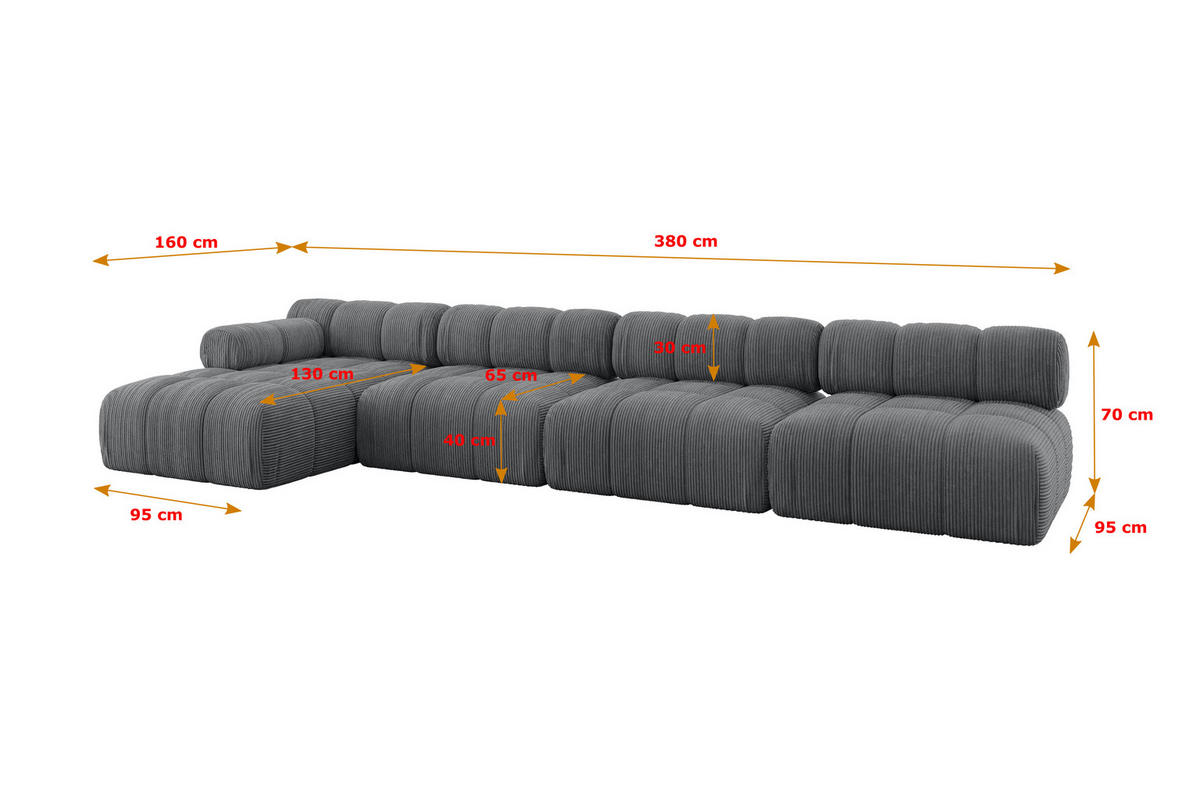 ECKSOFA modulares Sofa Razon-L3 - 380x160x70 cm Dunkelgrau Cord - Dunkelgrau, Holzwerkstoff/Textil (380/160cm) - ALTDECOR