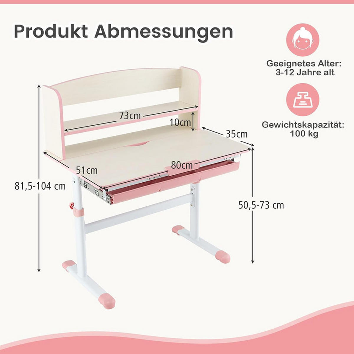 KINDERSCHREIBTISCH Höhenverstellbarer rosa - Pink, Metall (80/81.5/51cm) - COSTWAY