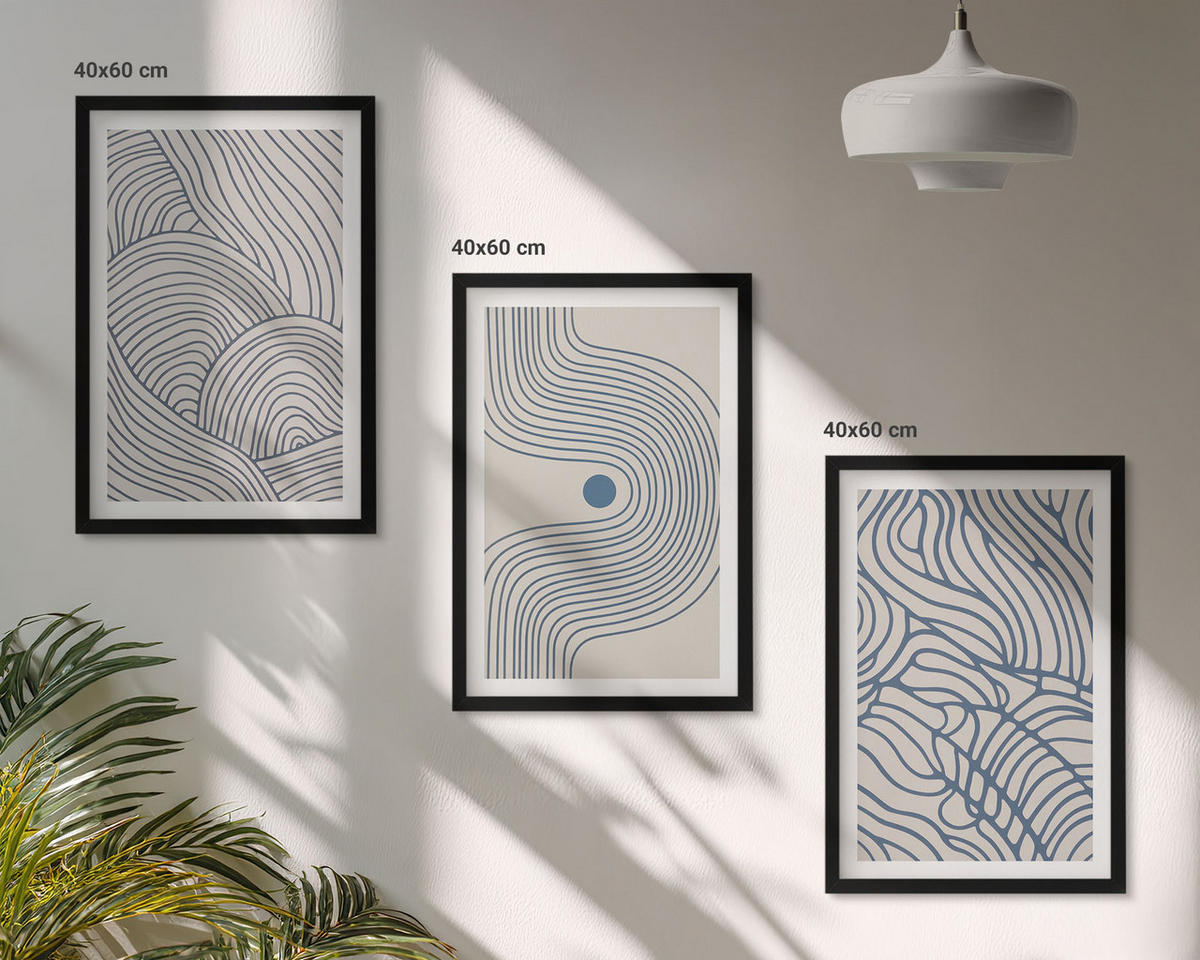 BILDER SET 3er Set - 40x60 cm Schwarzer Rahmen - Abstrakte Linien, Wellenformen - Schwarz, Kunststoff (40/60cm) - TULUP