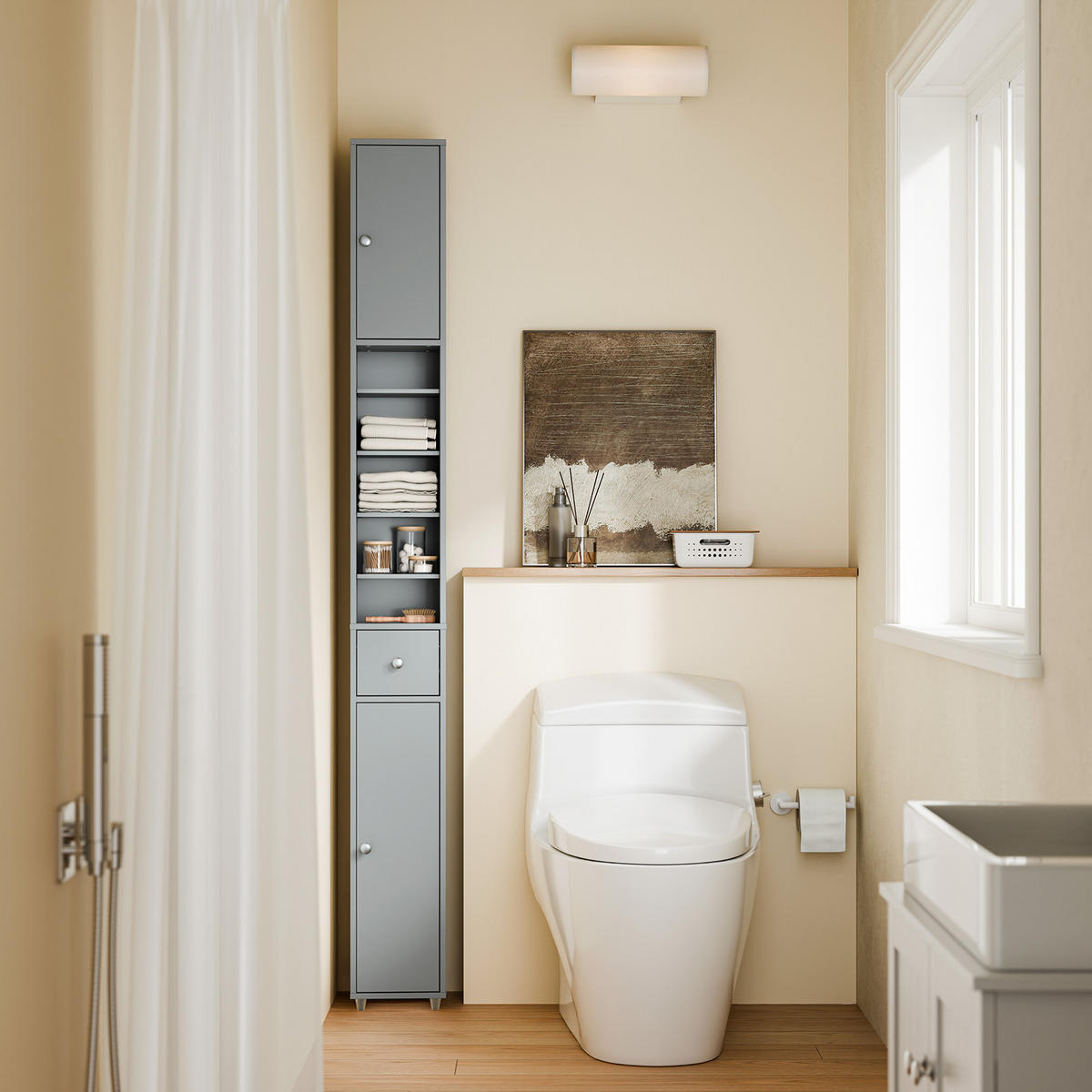 HOCHSCHRANK schmal Hellgrau - Hellgrau, Holzwerkstoff (45/58/40cm) - SoBuy