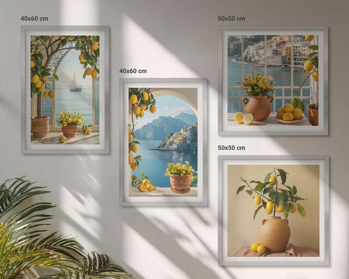 BILDER SET 4er Set - 50x50 cm & 40x60 cm Silberner Rahmen - Zitronenblumen aus der Küstenstadt - Silberfarben, Kunststoff (50/50cm) - TULUP