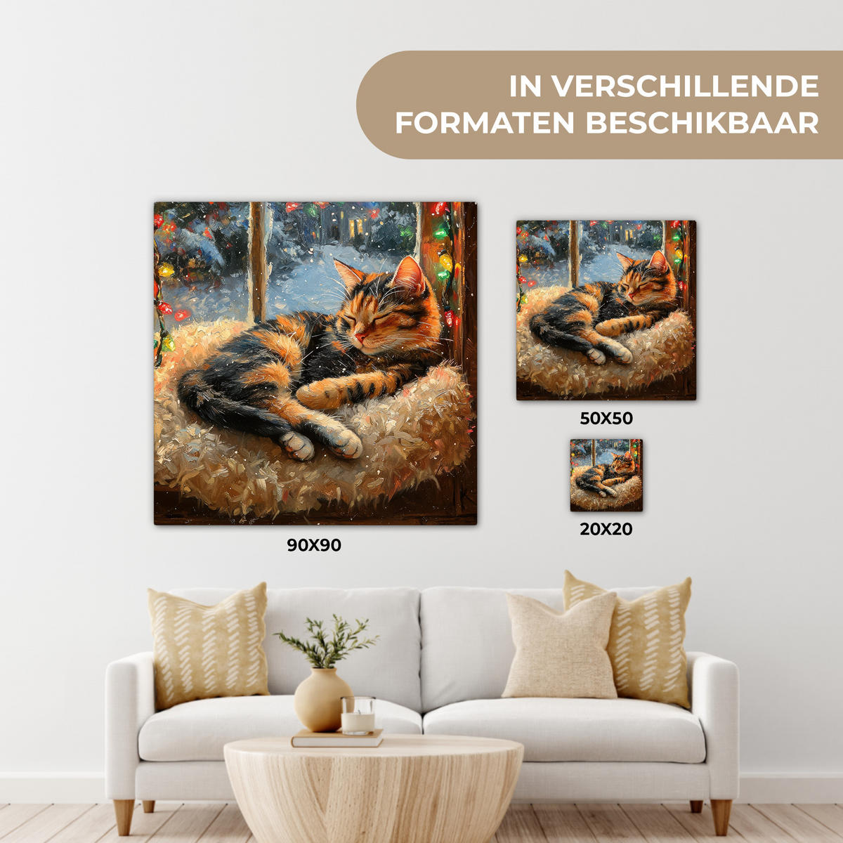 LEINWANDBILD Katze - Weihnachten - Winter - Tier Deko Wohnzimmer 20x20 cm - Bernsteinfarben, Textil (20/20cm) - MuchoWow