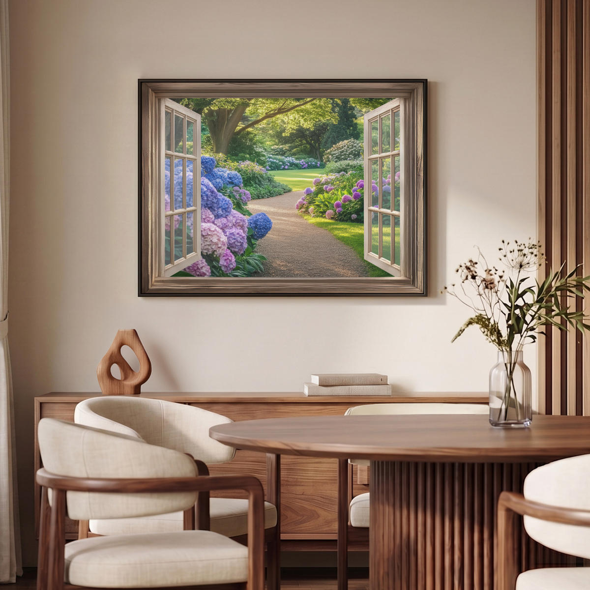LEINWAND Bilder mit Rahmen - Aussicht - Garten - Fenster - Hortensie - Blumen - 100x70 - Pastellblau, Textil (100/70cm) - MuchoWow
