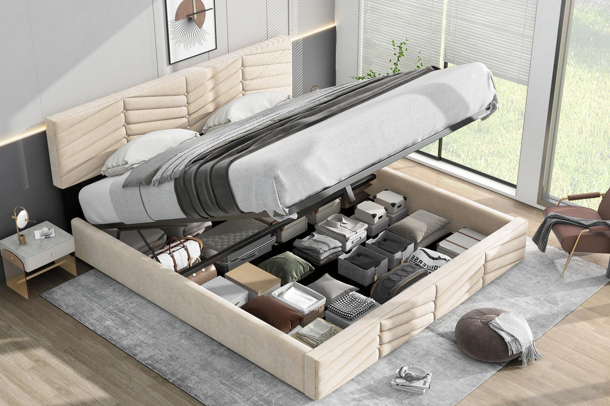 POLSTERBETT 180/200 cm mit hydraulischem Bettkasten, höhenverstellbarem Kopfteil, Beige - Beige, Textil (180/200cm) - Redom