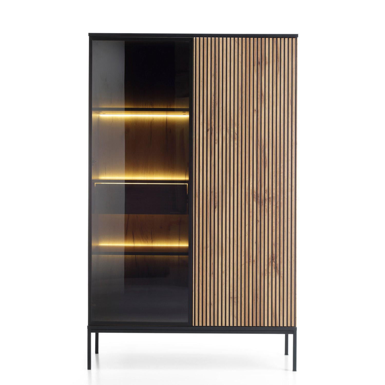 VITRINE Tosena Schwarz / Wotan Eiche mit Schublade und LED - Beige/Schwarz, Holzwerkstoff/Metall (103.5/145.5/39cm) - Selsey
