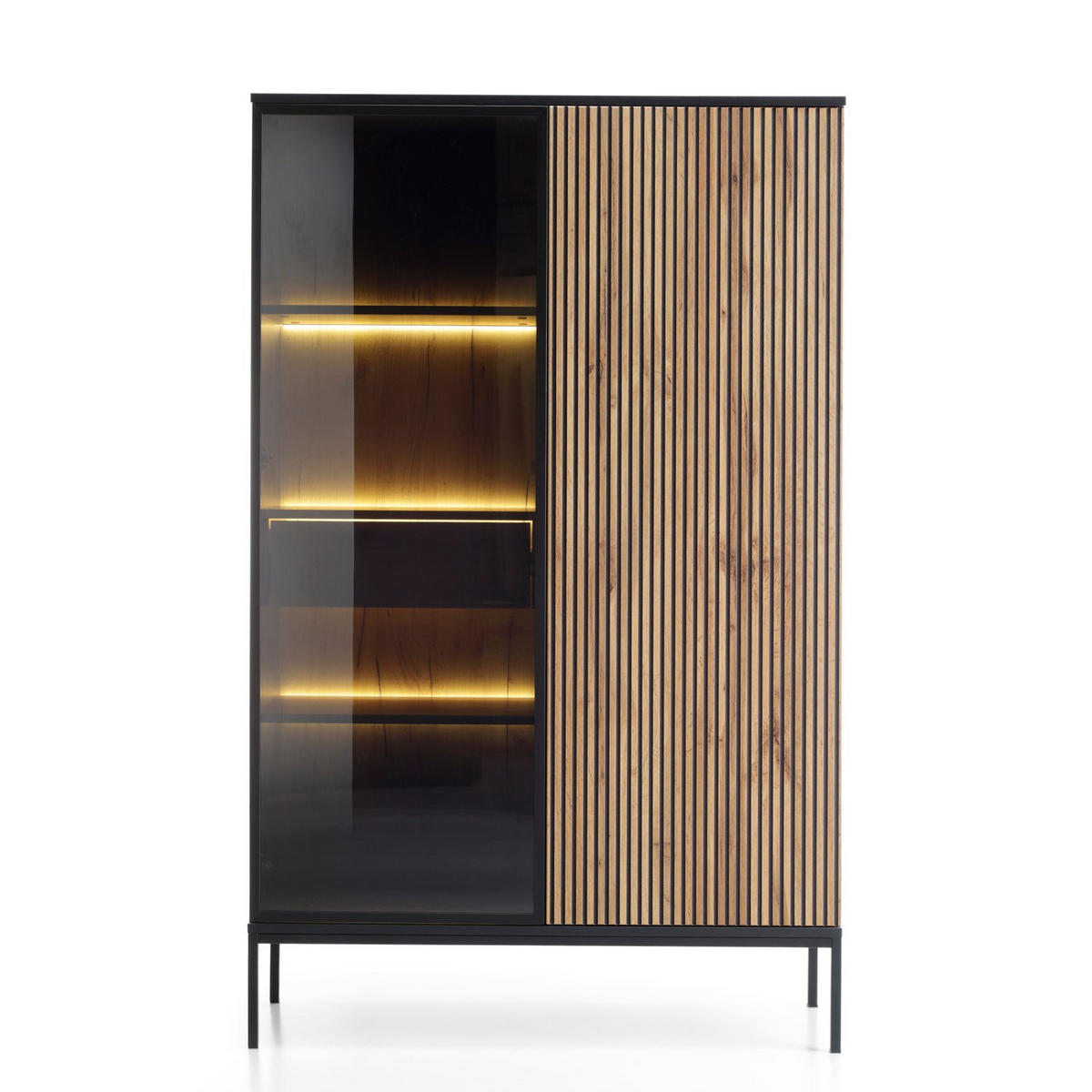 VITRINE Tosena Schwarz / Wotan Eiche mit Schublade und LED - Beige/Schwarz, Holzwerkstoff/Metall (103.5/145.5/39cm) - Selsey