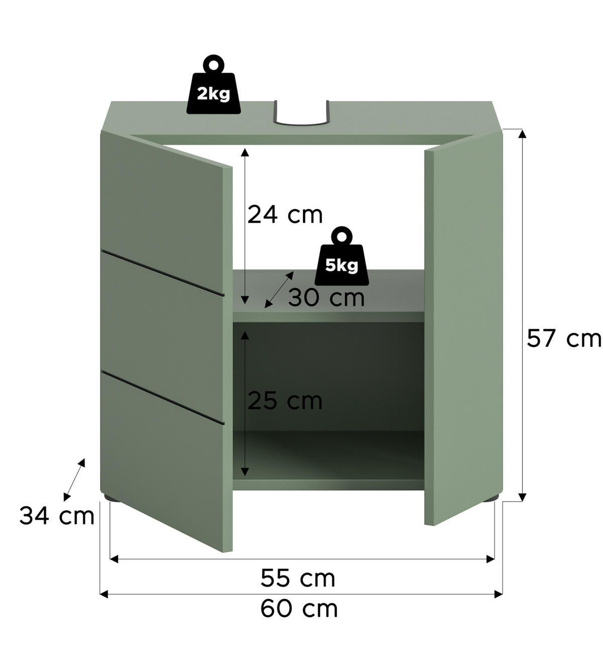 WASCHBECKENUNTERSCHRANK grün, Badezimmer Unterschrank 60 x 56 cm - Schwarz/Grün, Holzwerkstoff/Kunststoff (60/190/34cm) - Inn.Furn