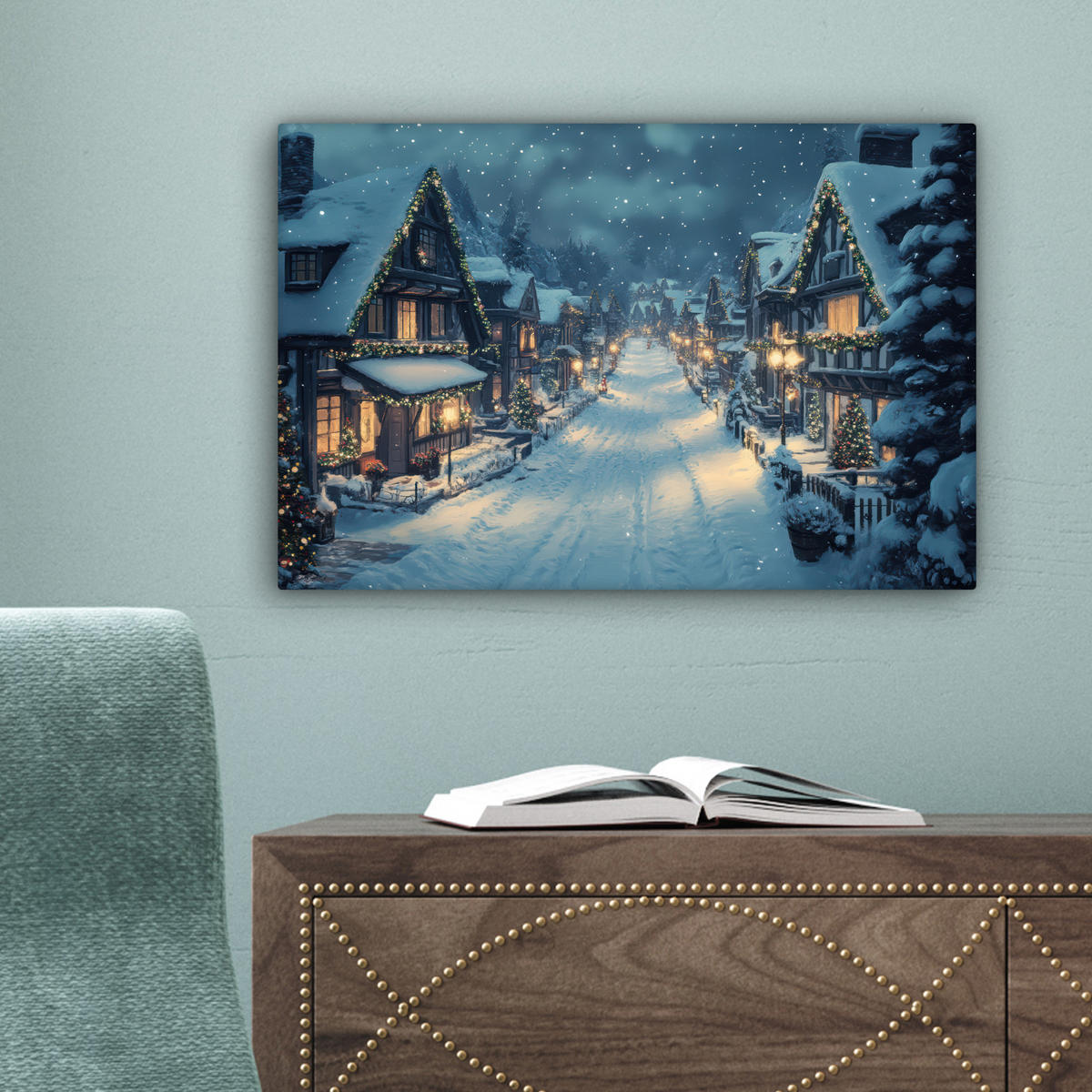 LEINWANDBILD Weihnachtsdorf - Weihnachten - Schnee - Winter 30x20 cm - Dunkelblau, Textil (30/20cm) - MuchoWow