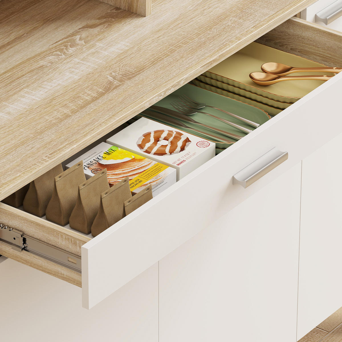 BUFFET DE-11345 6 Türen & Schublade mit offenen Fächern Weiß/Naturholz - Weiß, Holzwerkstoff (40/175/120cm) - ComfortXL