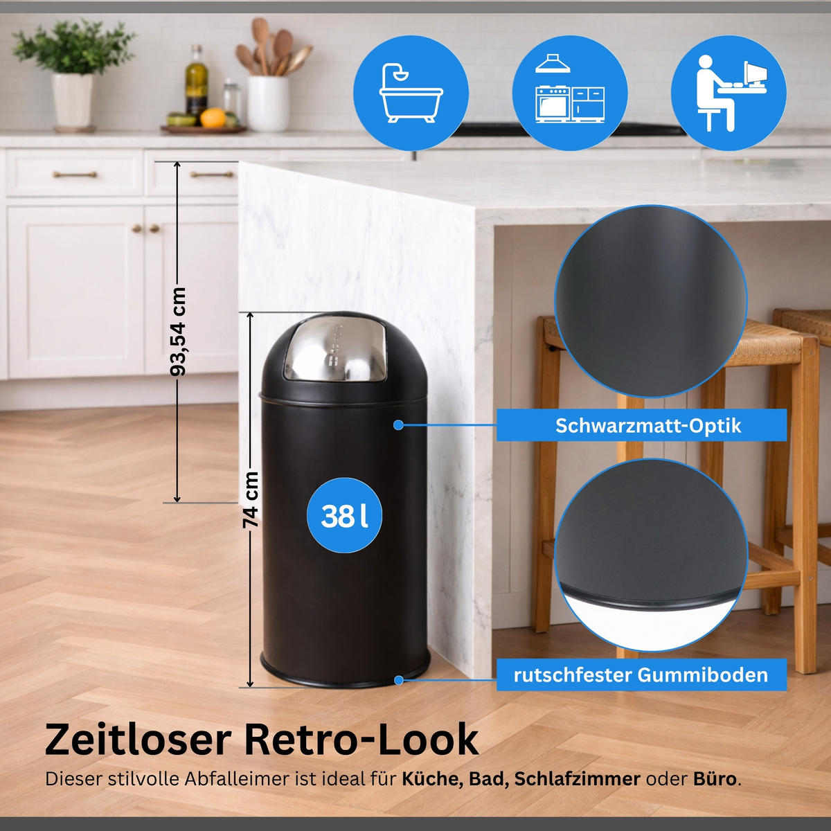 MÜLLEIMER 38 Liter mit Push Klappe Matt Schwarz - Schwarz, Metall (35.5/74/35.5cm) - PROREGAL