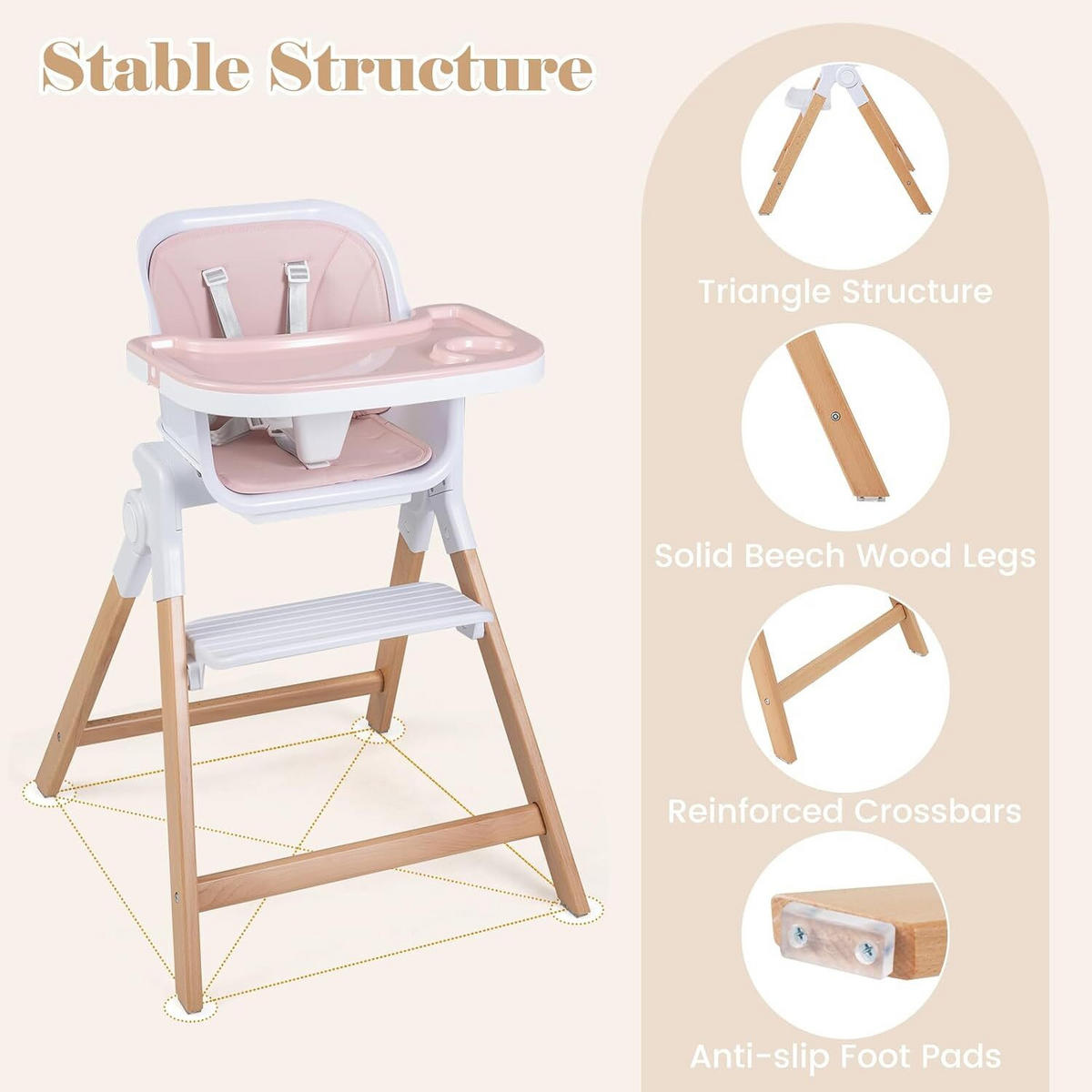 KINDERHOCHSTUHL mit Tablett rosa - Pink, Holz (71/93/58cm) - COSTWAY