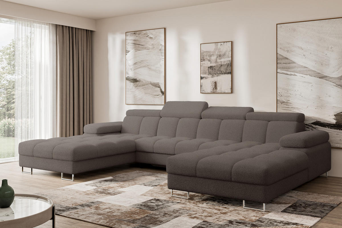 WOHNLANDSCHAFT mit Schlaffunktion und Bettkasten COMA U2 345x203x79 Braun Bouclé - Dunkelbraun, Holzwerkstoff/Textil (345/79/203cm) - ALTDECOR