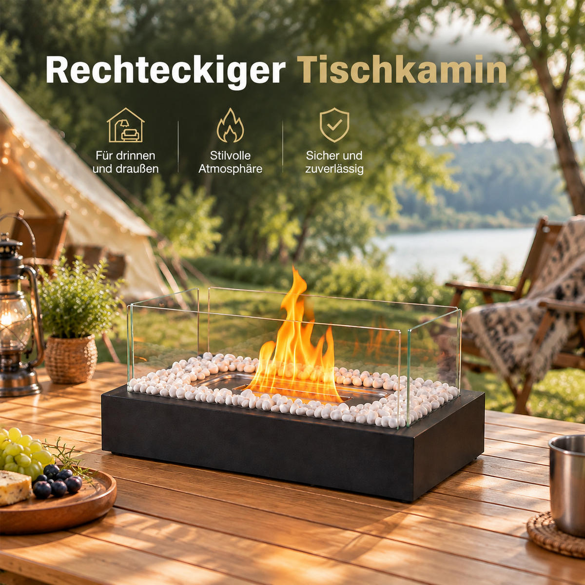 TISCHKAMIN Ilyvmar 35/18/15 cm - Schwarz, Glas/Metall (18/15/35cm) - ZMH