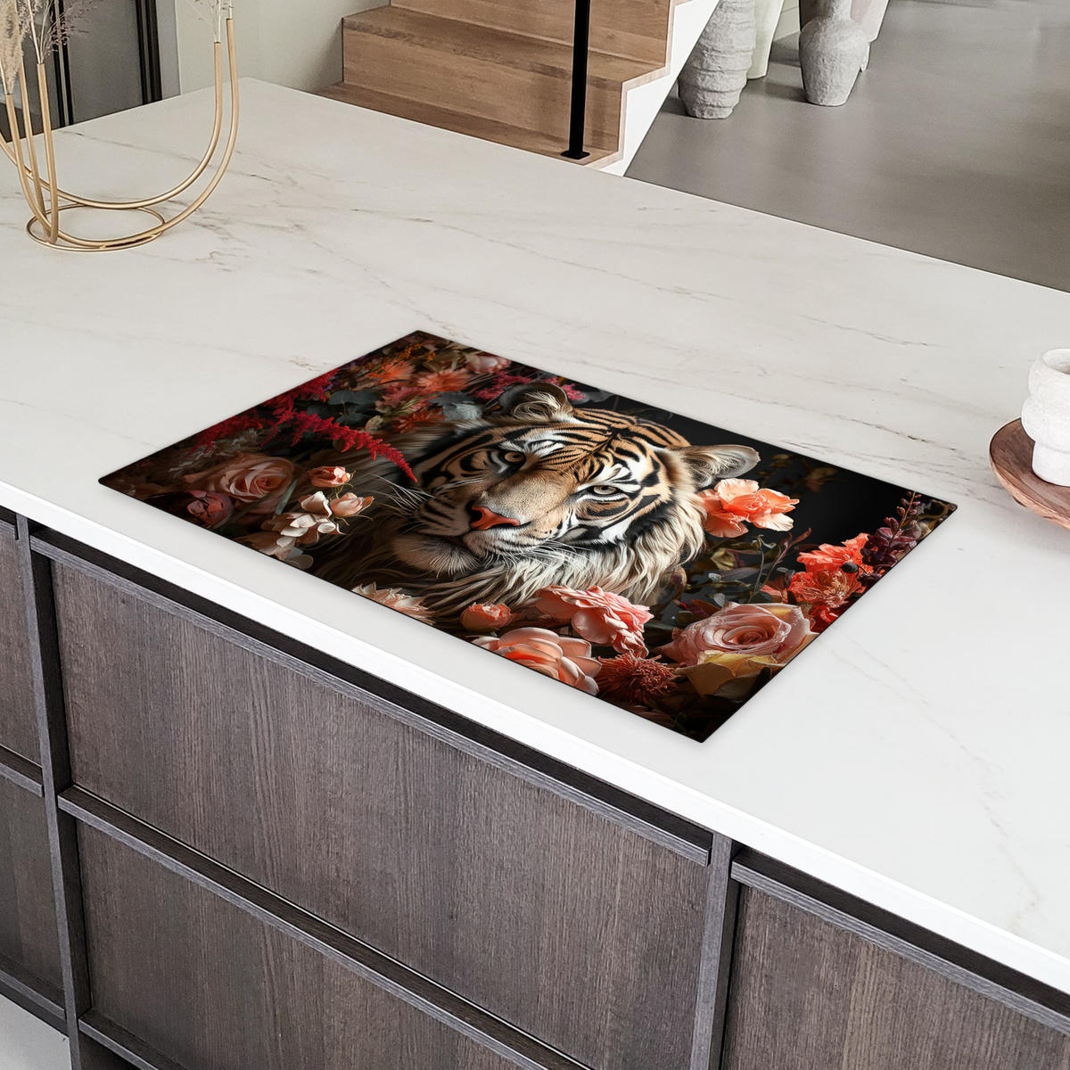 HERDABDECKPLATTE Tiger - Tier - Natur - Floral - Botanisch Ceranfeldabdeckung 85x52 cm - Orange, Kunststoff (85/52/0.2cm) - MuchoWow