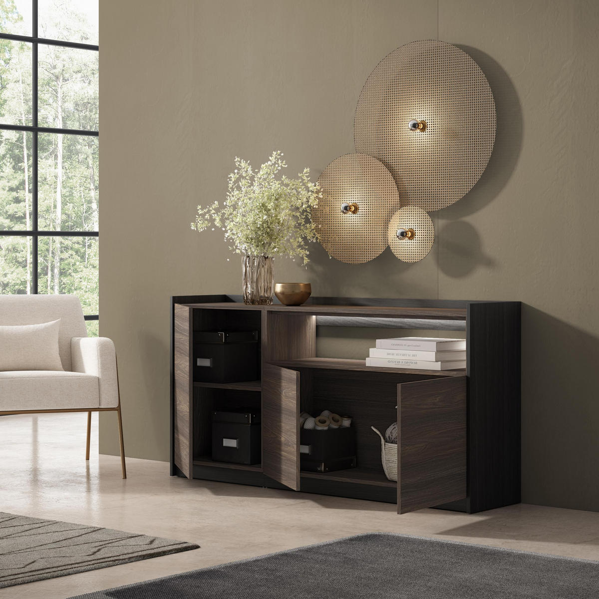 SIDEBOARD, Dunkler Eiche und Schwarz, 156/37/80cm, mit Led - Dunkelbraun, Holzwerkstoff (156/80/37cm) - Skraut Home