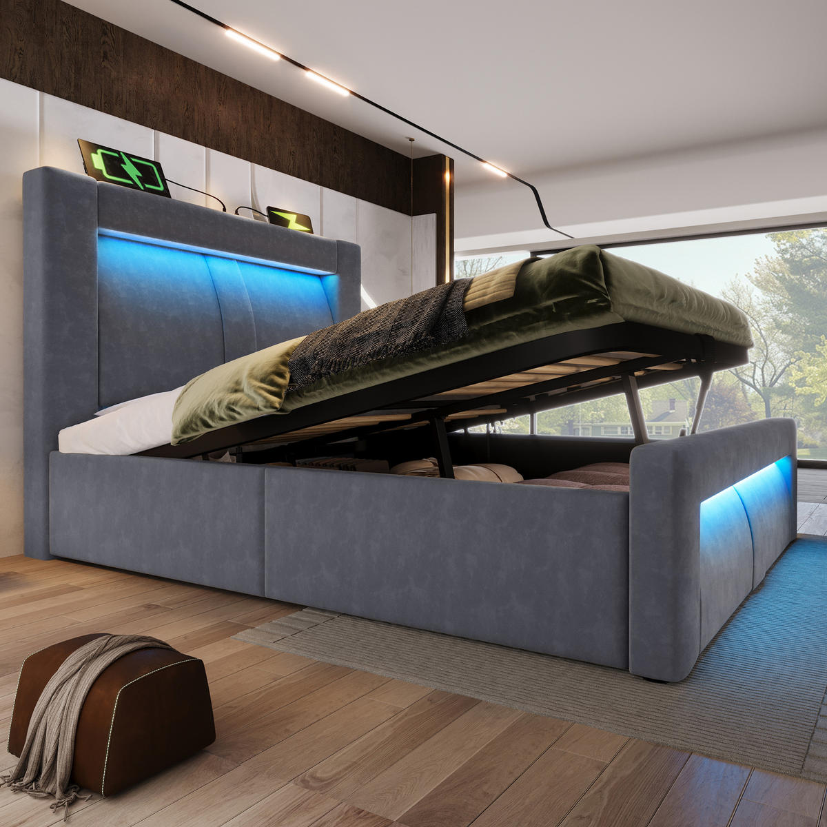 POLSTERBETT aus Samt 90x200 cm in Grau mit LED & USB-C-Ladestation - Grau, Textil (90/200cm) - Modfu