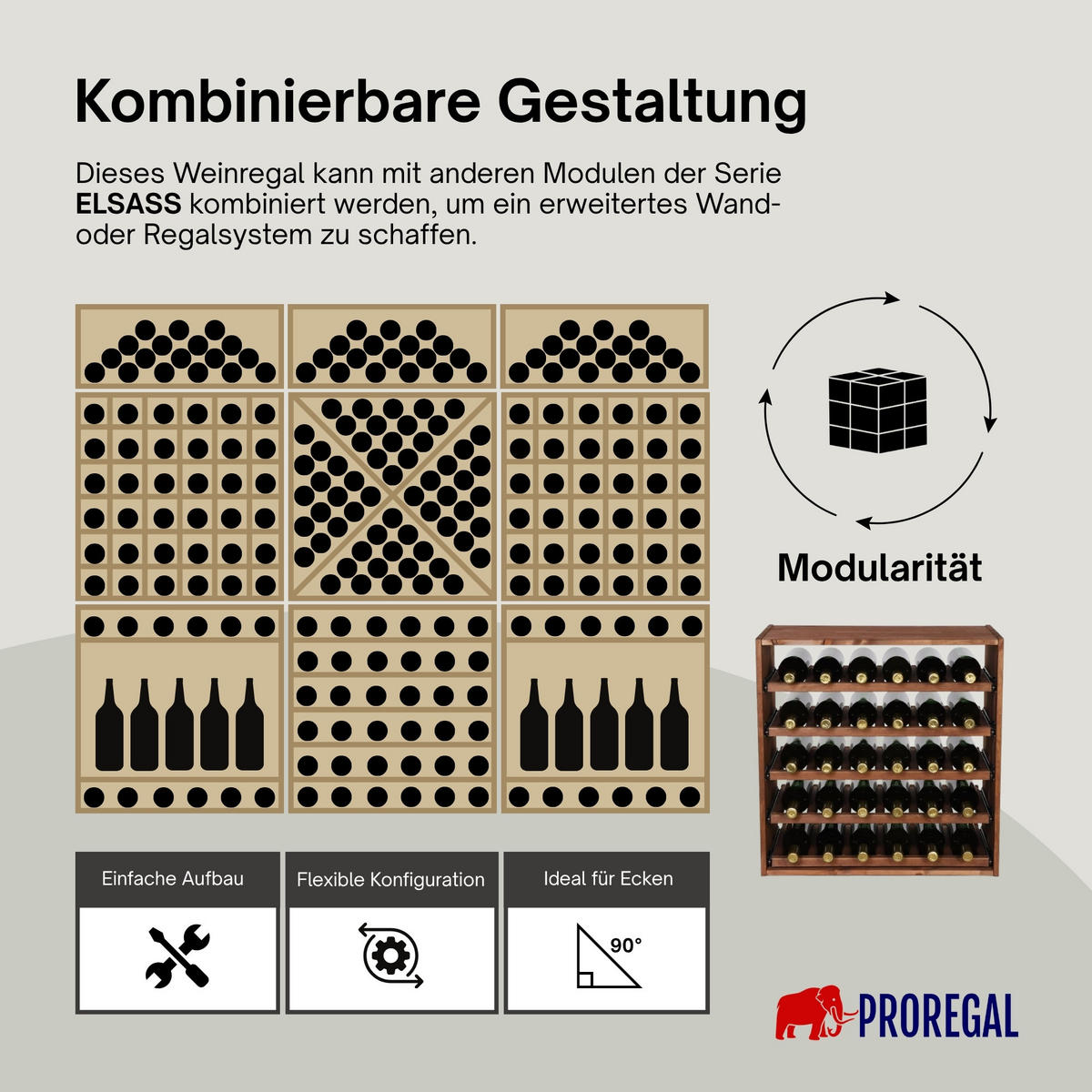 WEINREGAL MODULARES ELSASS 60x60x30cm Auszug Modul für 30 Flaschen - Braun, Holz (60/60/30cm) - PROREGAL