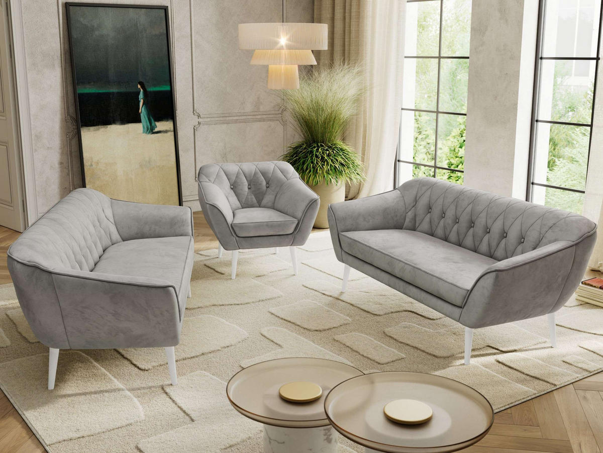 SEDACÍ SOUPRAVA 3+3+1 PIRS - Světle šedá Samet - Bílé nohy - bílá/světle šedá, kompozitní dřevo/textil (180/75/74cm) - MKS