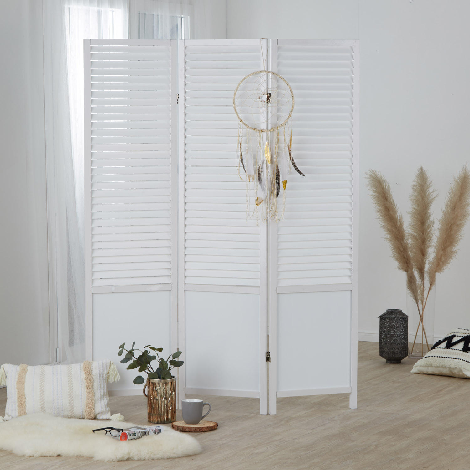 PARAVENT 3-tlg. 130/175 cm Weiß Holzlamellen - Weiß, Holz (130/175/2cm) - Homestyle4u