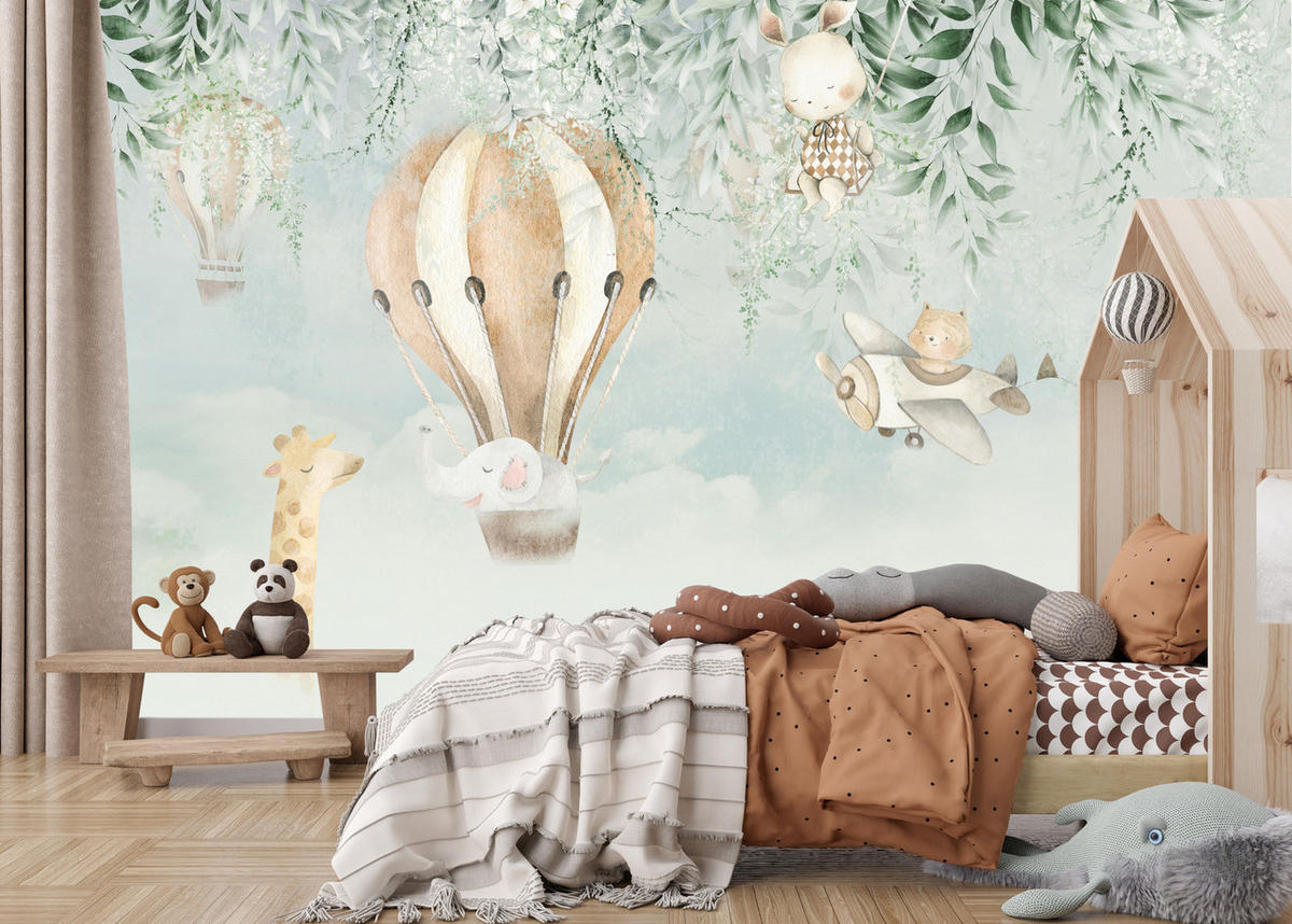 FOTOTAPETE Für Kinder TIERE Luftballons Blätter Blumen Wolken 460x300cm - Beige/Braun, Papier (460/300cm) - Muralo