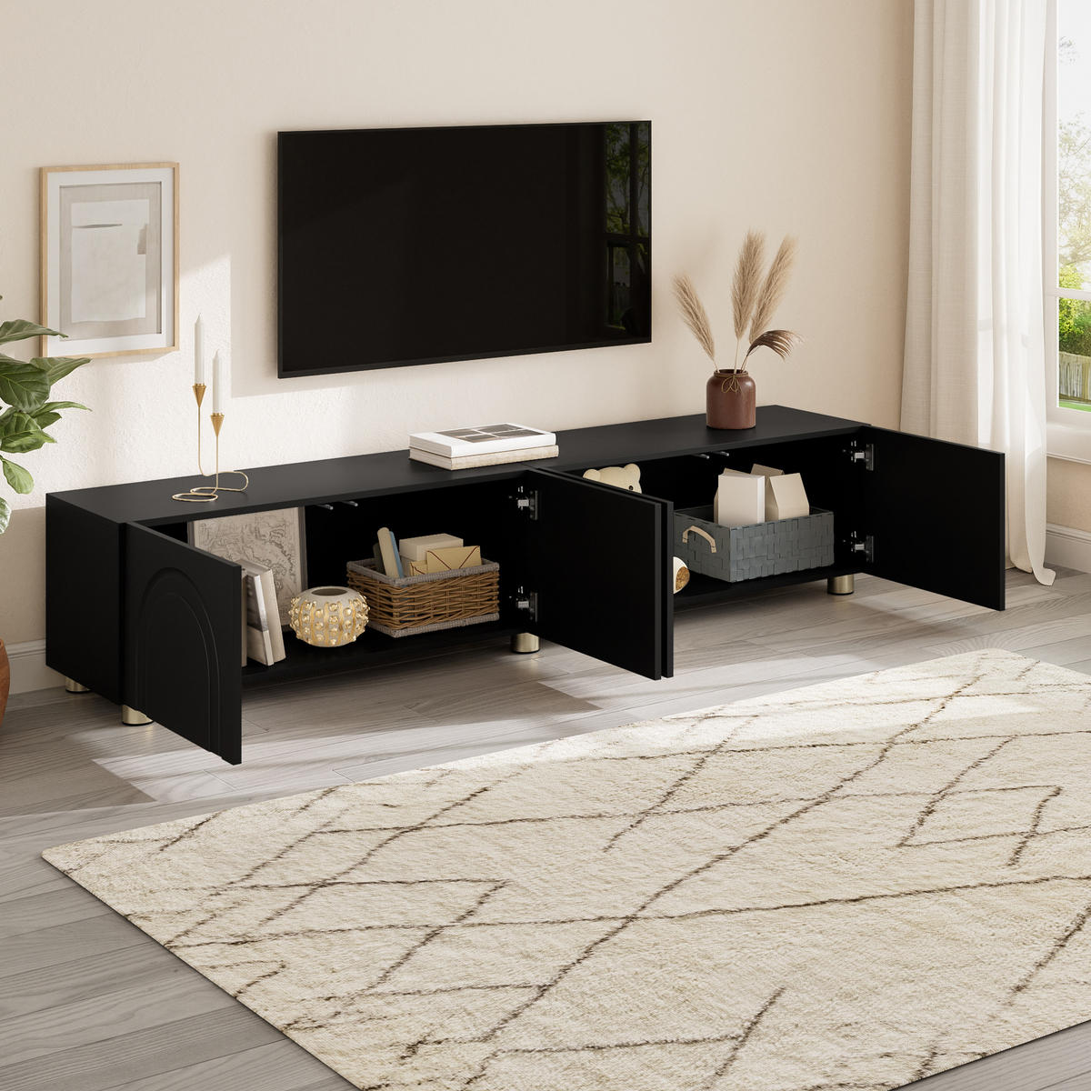 TV-SCHRANK Lowboard 4 Türen Bogenrelief Metallfüße modern - Schwarz, Holzwerkstoff (35/40/180cm) - FLIEKS