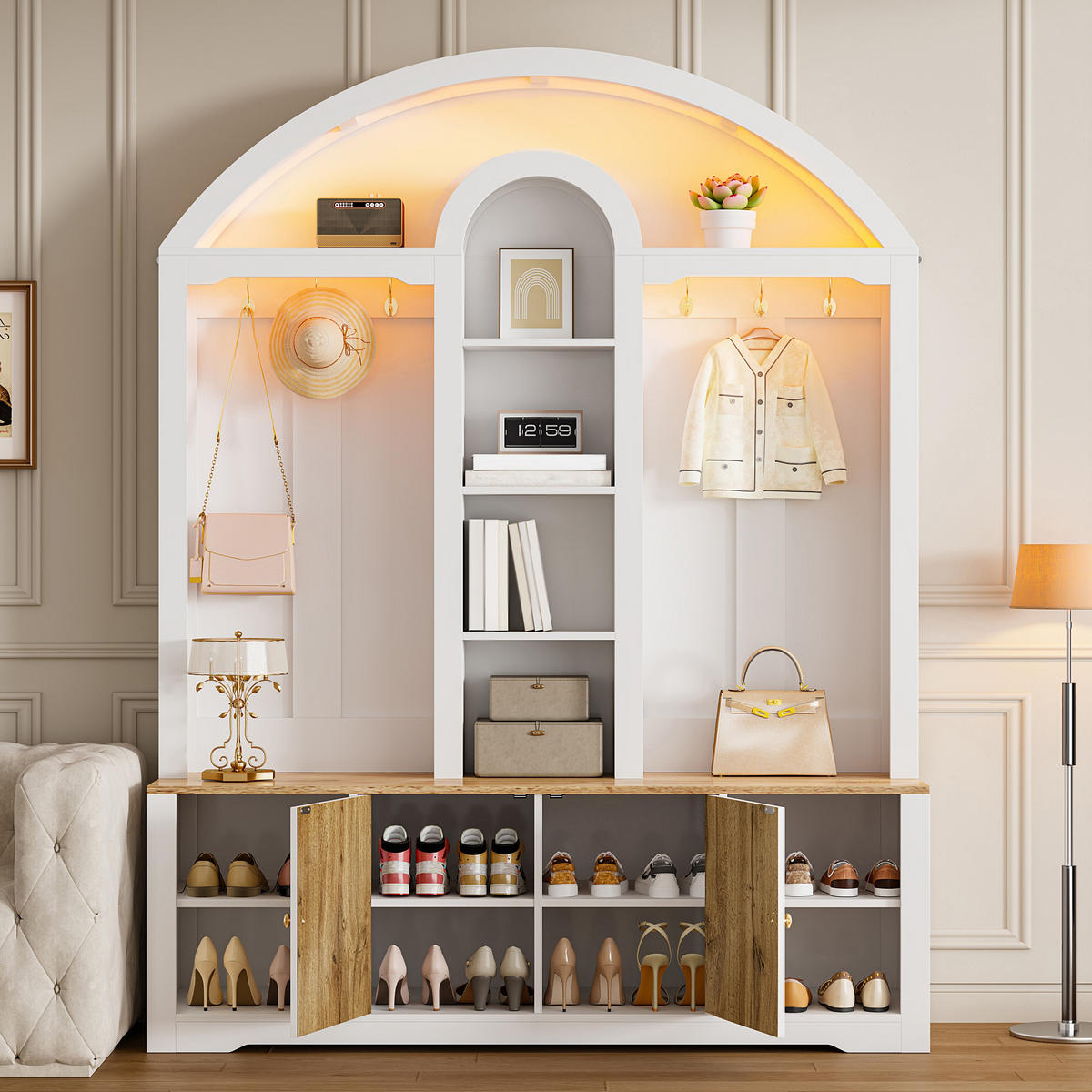 GARDEROBE-SET in Weiß Kleiderschrank mit Schuhregal, Ablagen und Haken für Flur und Eingangsbereich, B150/T40/H195 cm - Weiß, Holzwerkstoff/Metall (150/195/40cm) - STILVORA