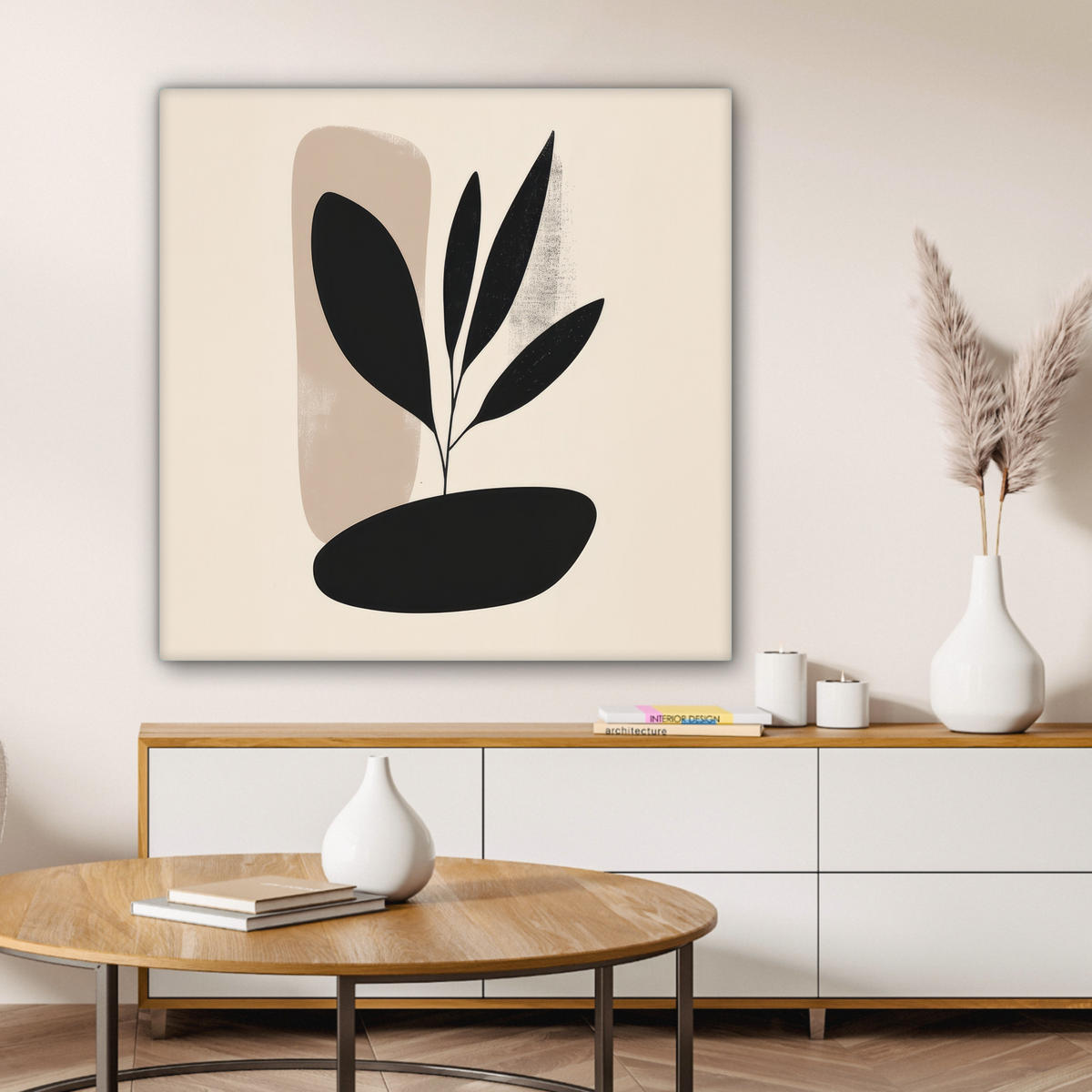 LEINWANDBILD Pflanze - Beige - Japanisch 90x90 cm - Schwarz, Textil (90/90cm) - MuchoWow