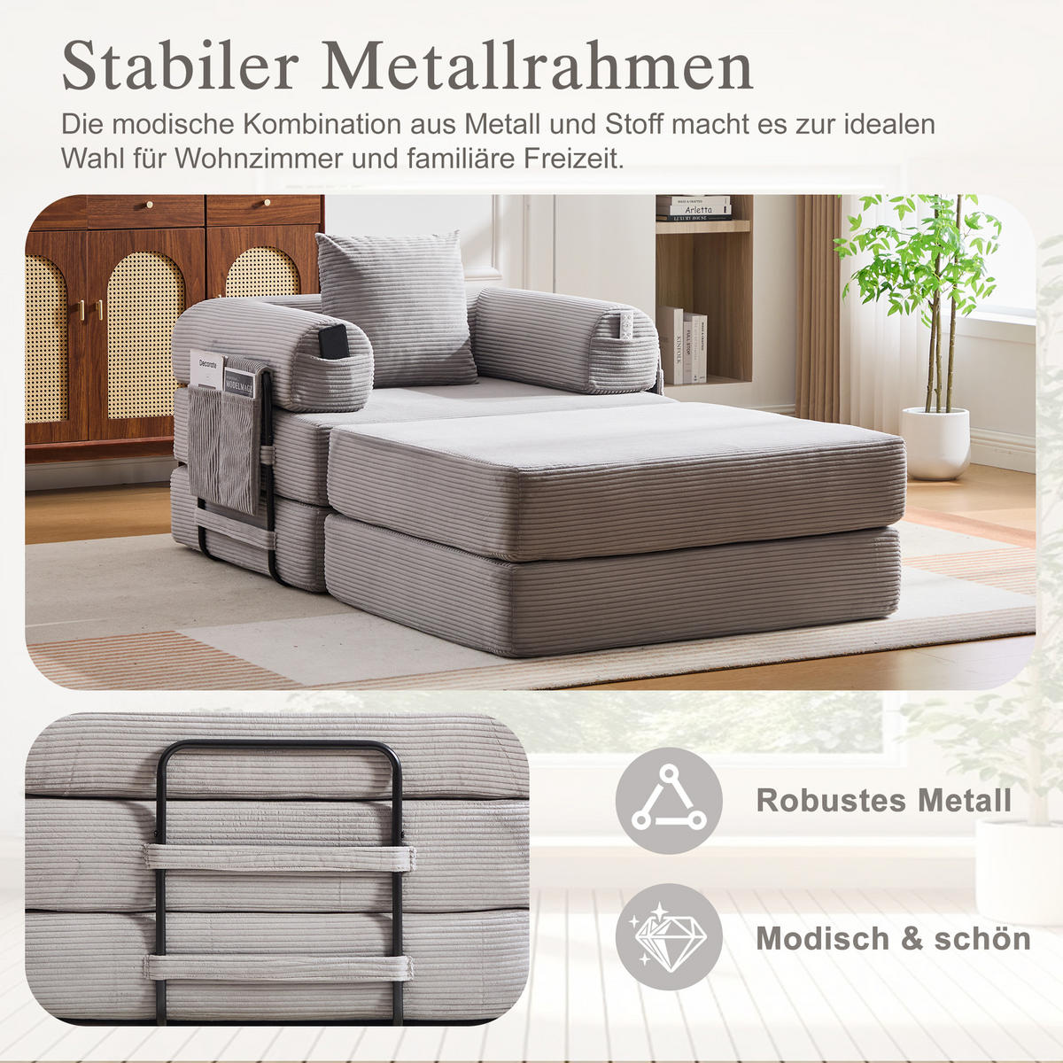 SOFA Cord Hellgrau mit Kissen und Hocker - Hellgrau, Textil/Metall (112/67/190cm) - WISHDOR
