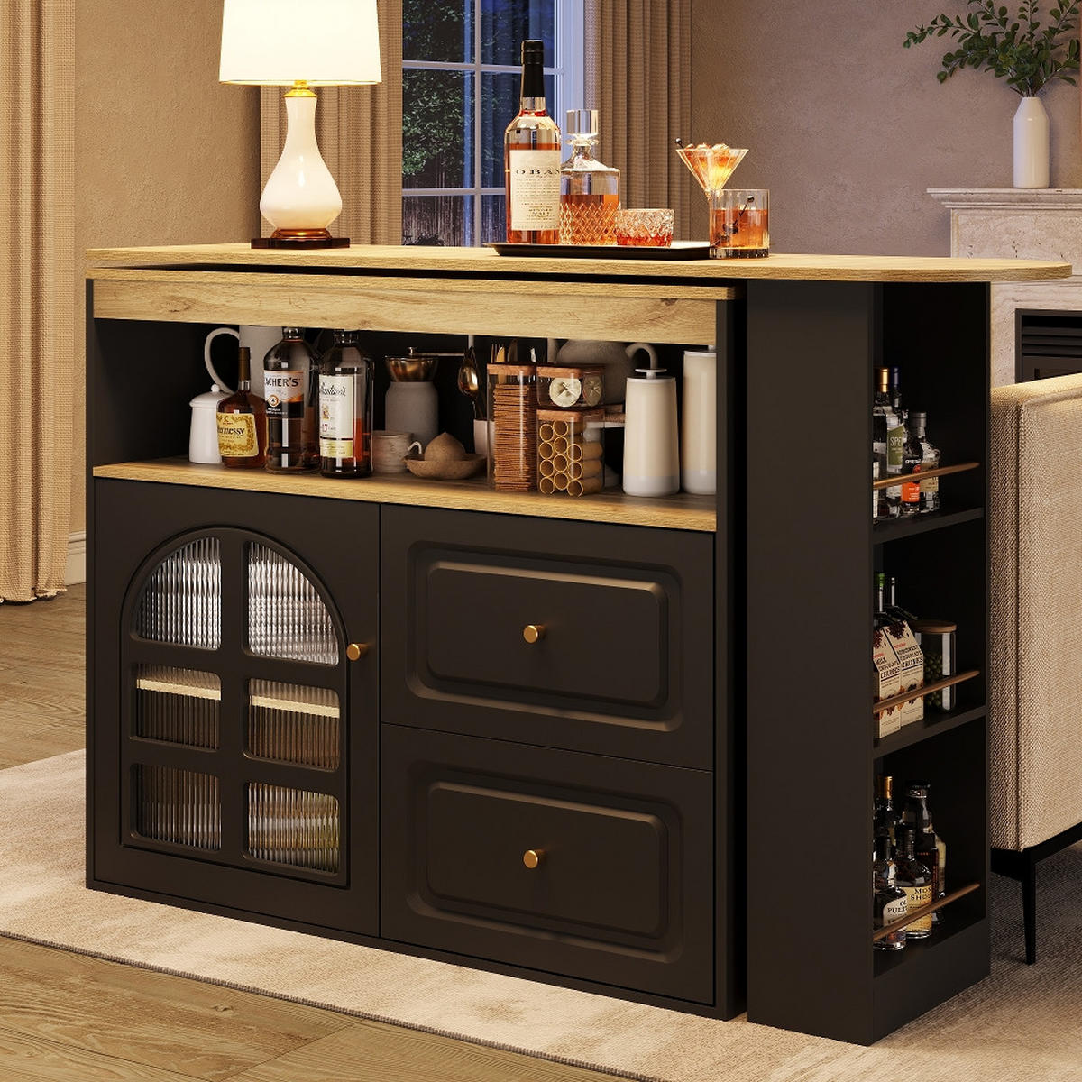 KÜCHENINSEL Stehtisch DREHBAR AUSZIEHBAR Essbar Sideboardschrank MDF Schwarz Wohnzimmer 138-204/39/104 cm - Schwarz, Kunststoff (39/104/138cm) - Rolipo