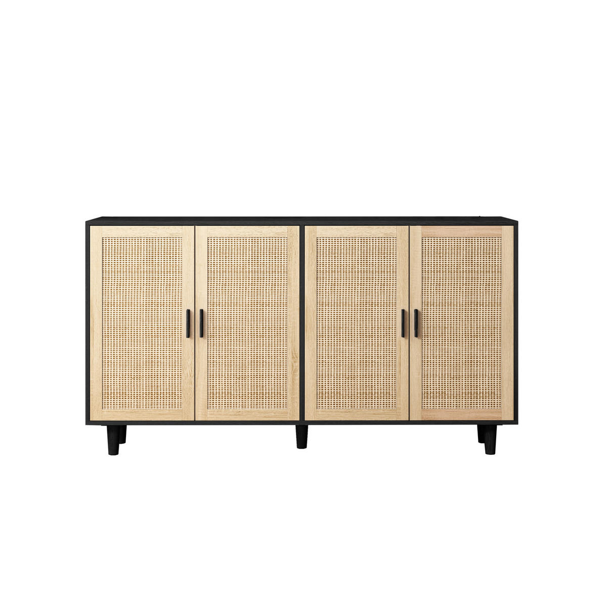 SIDEBOARD 158/40/88 cm mit 4 Rattantüren und verstellbarem Einlegeboden aus Spanplatte mit Massivholzbeinen, Schwarz - Schwarz, Holzwerkstoff (158/88/40cm) - Redom