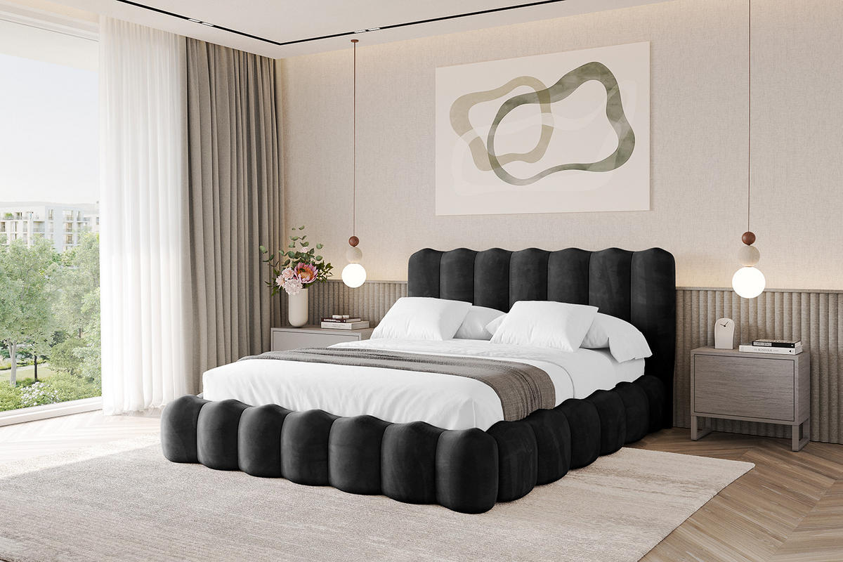 POLSTERBETT mit Bettkasten und Lattenrost, Bett mit Matratze H3/H4 - SORA 160x200 Schwarz - Schwarz, Holzwerkstoff/Textil (160/200cm) - ALTDECOR