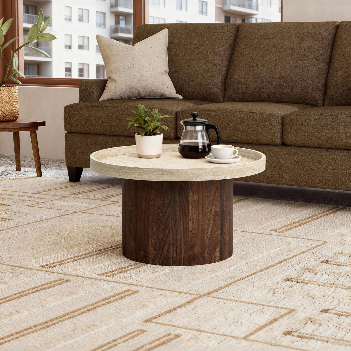 RUNDER Couchtisch mit Tablettplatte und braunem Gestell,Holzoptik | Ø60 x H34 cm - Braun, Holzwerkstoff (60/60/34cm) - Hometopia