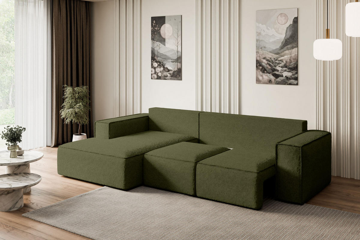 ECKSOFA mit Schlaffunktion und Bettkasten SERRA-L-S - 266x161x87 cm Grün Bouclé - Schwarz/Grün, Holzwerkstoff/Kunststoff (266/161cm) - ALTDECOR