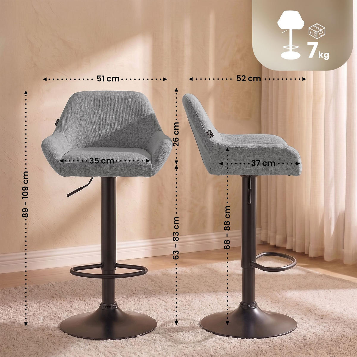 BARHOCKER Braga Stoff 89-109x51x52 cm grau - Grau, Textil (51/89/52cm) - furnicato