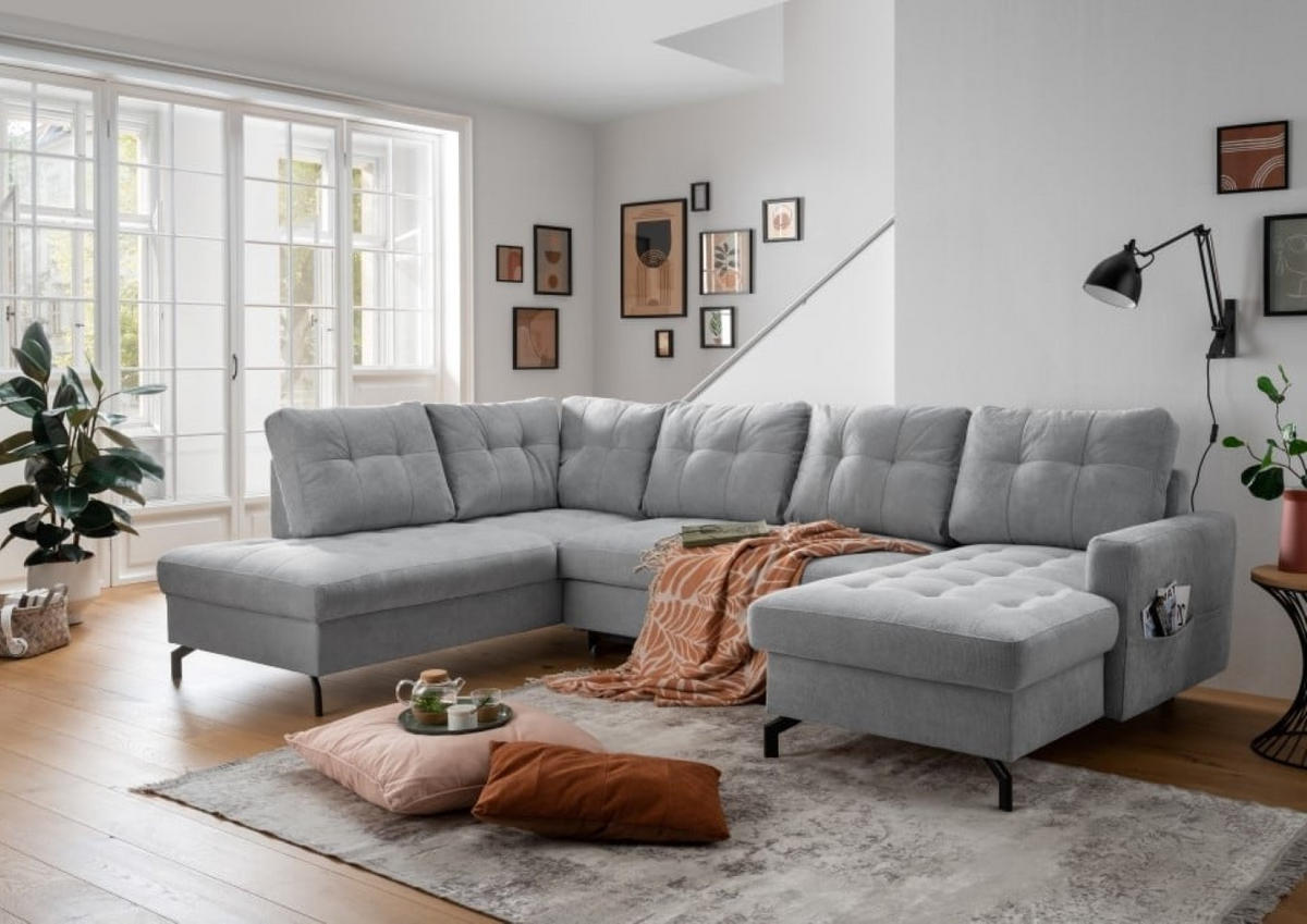 WOHNLANDSCHAFT mit Schlaffunktion und Bettkasten - Schwarz/Grau, Textil/Metall (305/92/200cm) - myHomelando