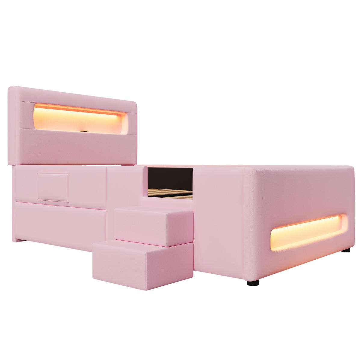 KINDERBETT 90/200 cm DE-03359, mit Treppe, Schubladen, LED-Lichtleisten und Aufbewahrungstaschen, in Rosa - Pink, Holzwerkstoff (90/200cm) - ComfortXL