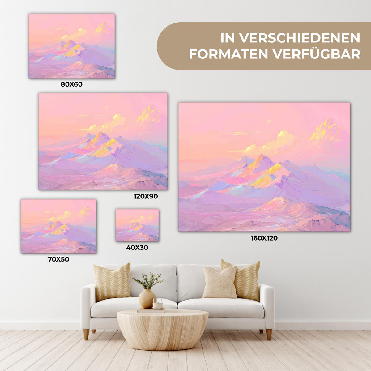 LEINWANDBILD Berggipfel - Wolken - Verträumt Wandbilder 80x60 cm - Hellrosa, Textil (80/60cm) - MuchoWow