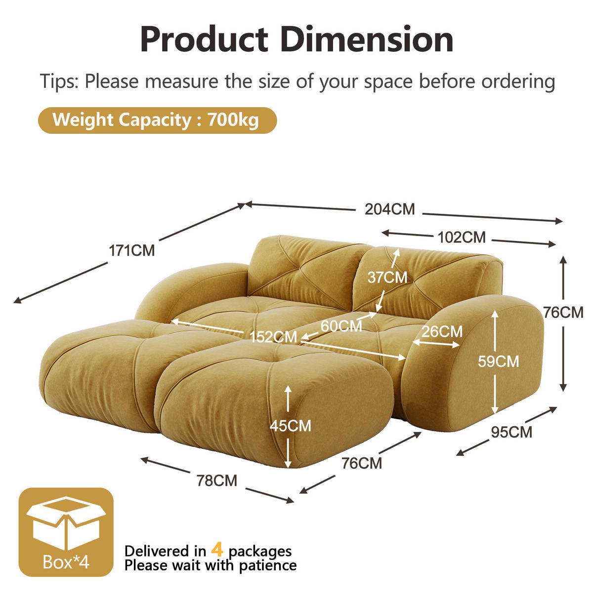 SOFA modular rahmenlos Chenille Yellow - Gelb, Kunststoff (171/76/204.1cm) - Meubliv