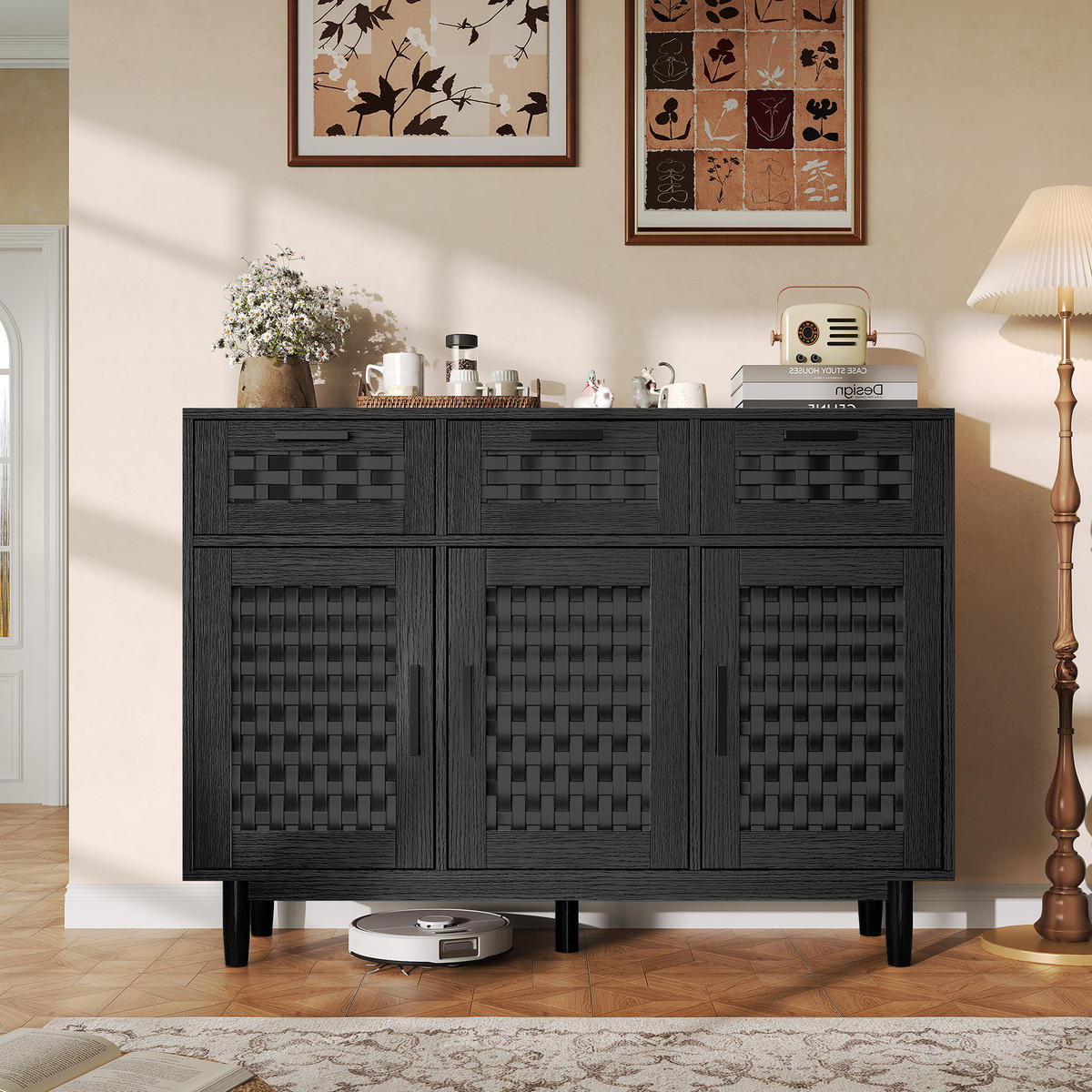 SIDEBOARD im Rattan-Look für das Esszimmer, Aufbewahrungsschrank aus Naturholz, Wohnzimmerschrank mit 3 Schubladen und 3 Türen, schwarz - Schwarz, Holz (40/80/107.9cm) - WoodenAura