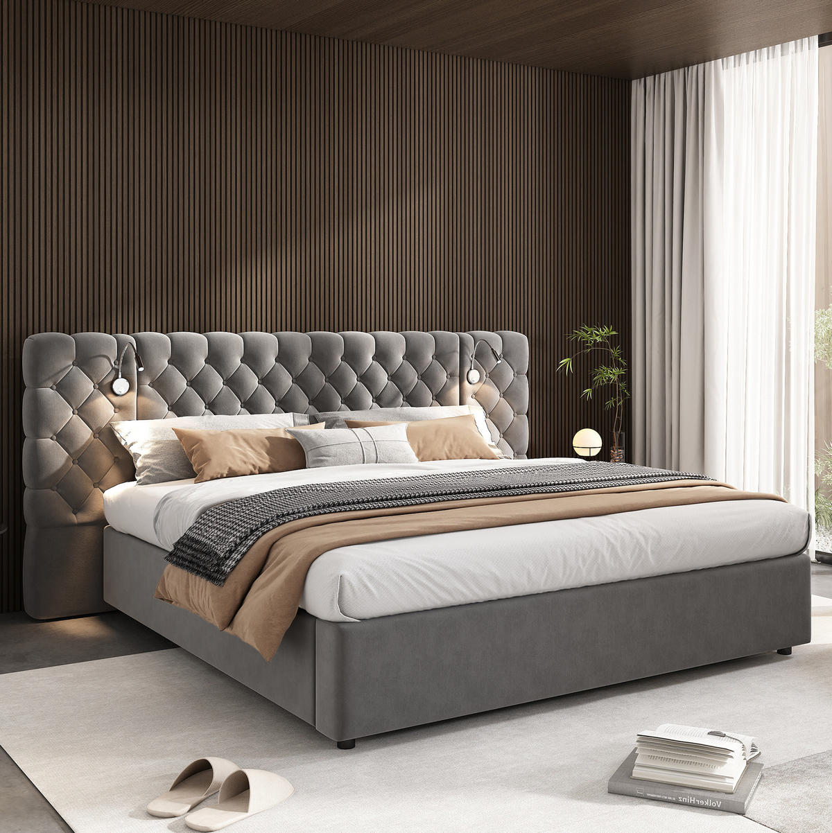 POLSTERBETT aus Samt 160x200 cm Grau mit hydraulischem Bettkasten, Leselicht und Holzlattenrost - Grau, Textil (160/200cm) - IVMEU