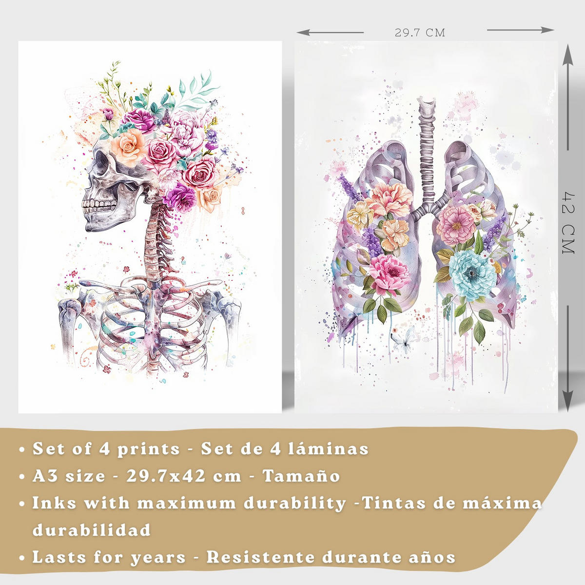 POSTER Set aus 4 Anatomie Mensch Drucke und Wandbilder mit Schädel Lungen Verdauungssystem und Gehirn Florales Aquarell Design Größe Rahmenlos A3 - Klar, Papier (29.7/42/3cm) - Nacnic