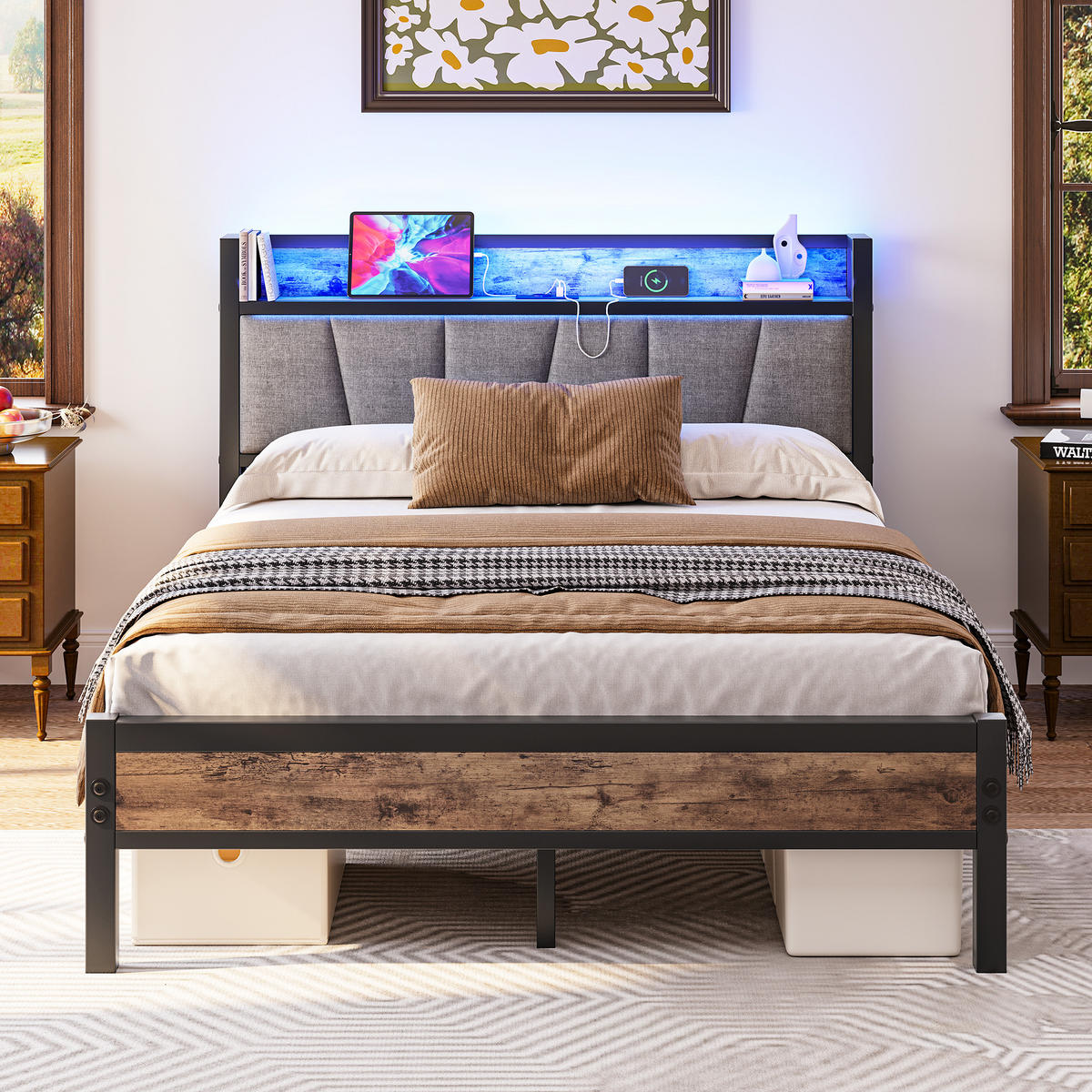 METALLBETT 140/190 cm Braun mit LED und USB - Braun, Metall (140/190cm) - Oxeza