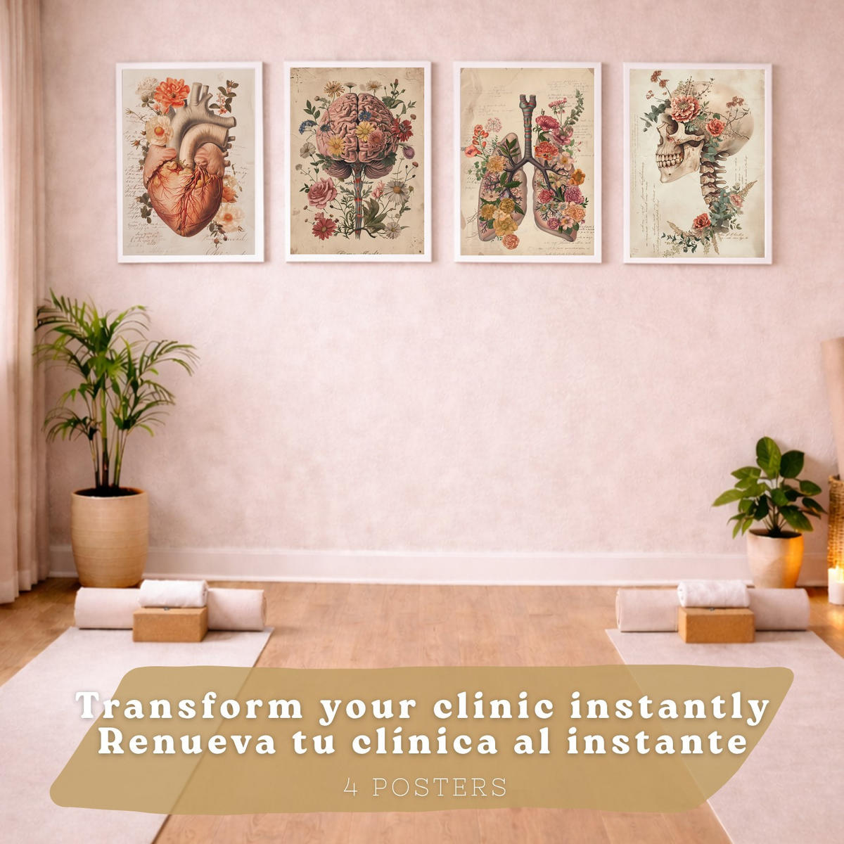 POSTER Set aus 4 Vintage Anatomie Drucke und Wandbilder mit Blumen Herz Lungen Schädel und Gehirn Medizinische Wanddekoration Größe Weißer Rahmen A3 - Weiß, Papier (29.7/42/3cm) - Nacnic
