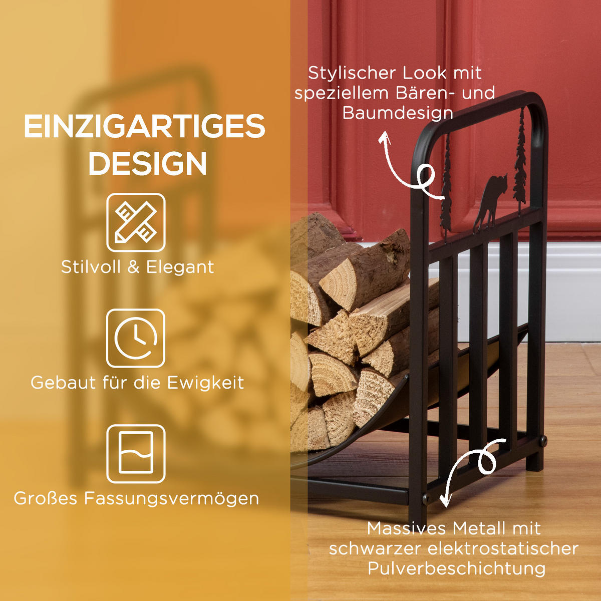 KAMINHOLZREGAL bis 50 kg - Schwarz, Metall (33.5/43/42cm) - Outsunny