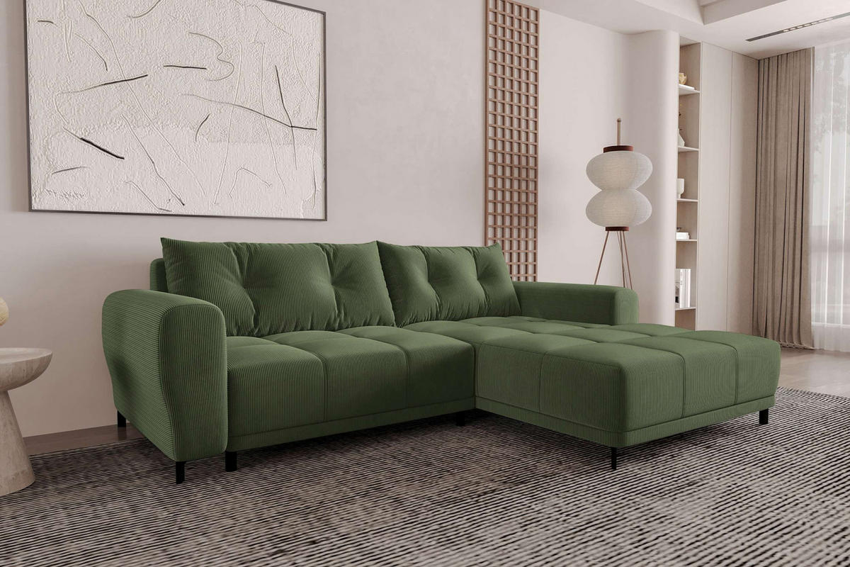 ECKSOFA Massimo Cordstoff Olivgrün inkl. Schlaffunktion Rechts - Schwarz/Olivgrün, Textil/Metall (246/177cm) - 99rooms