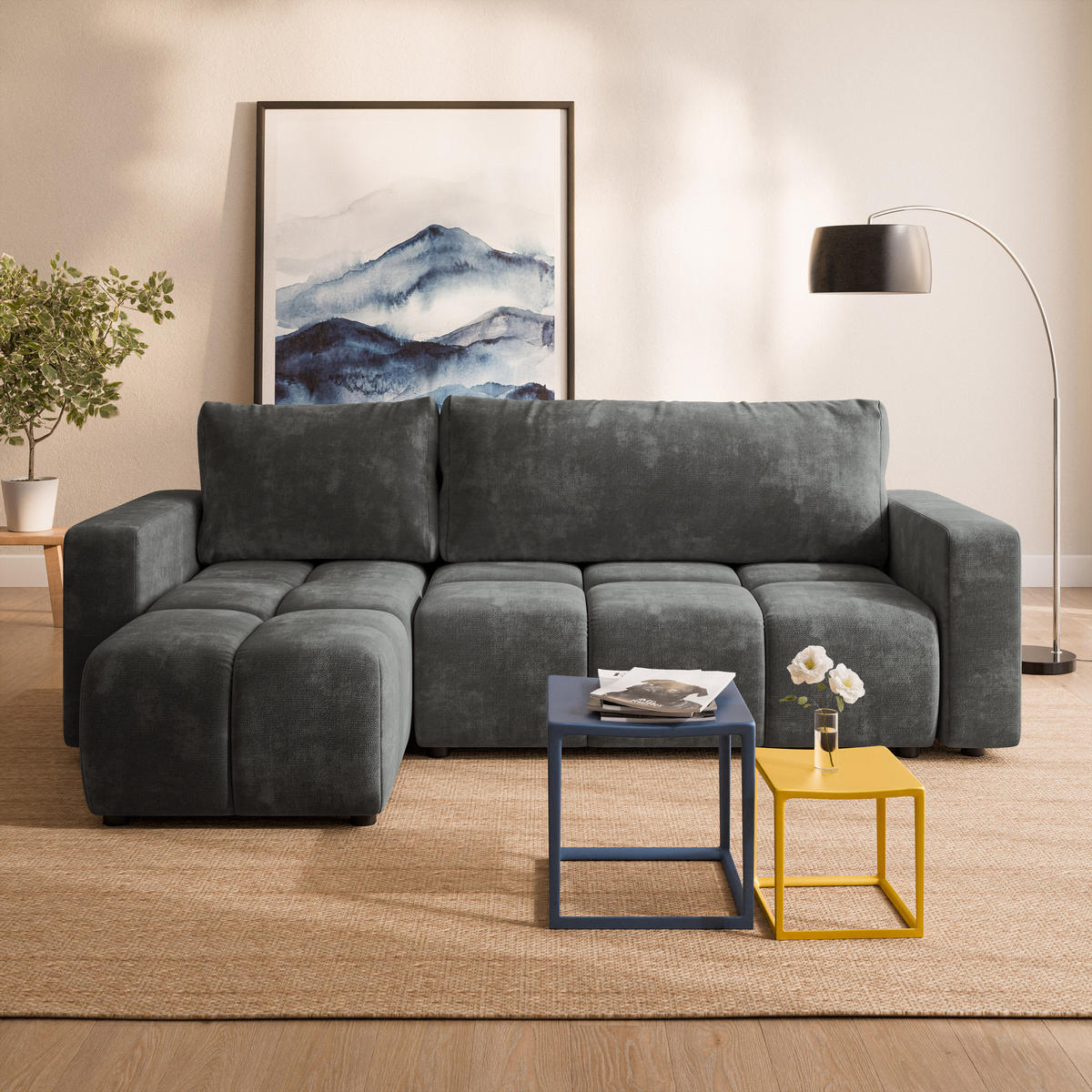 ECKSOFA RAMIL Grau Chenille mit Schlaffunktion - Grau, Holz (240/149cm) - MASSENO