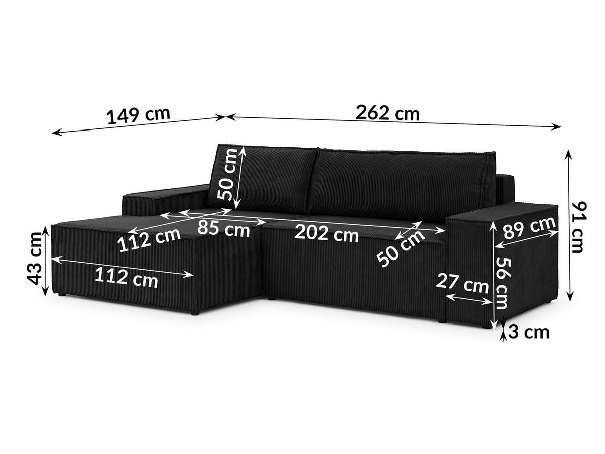 ECKSOFA Rivio mit Schlaffunktion und Bettkasten, Cordstoff Schwarz - Schwarz, Holz/Kunststoff (149/262cm) - S-Style