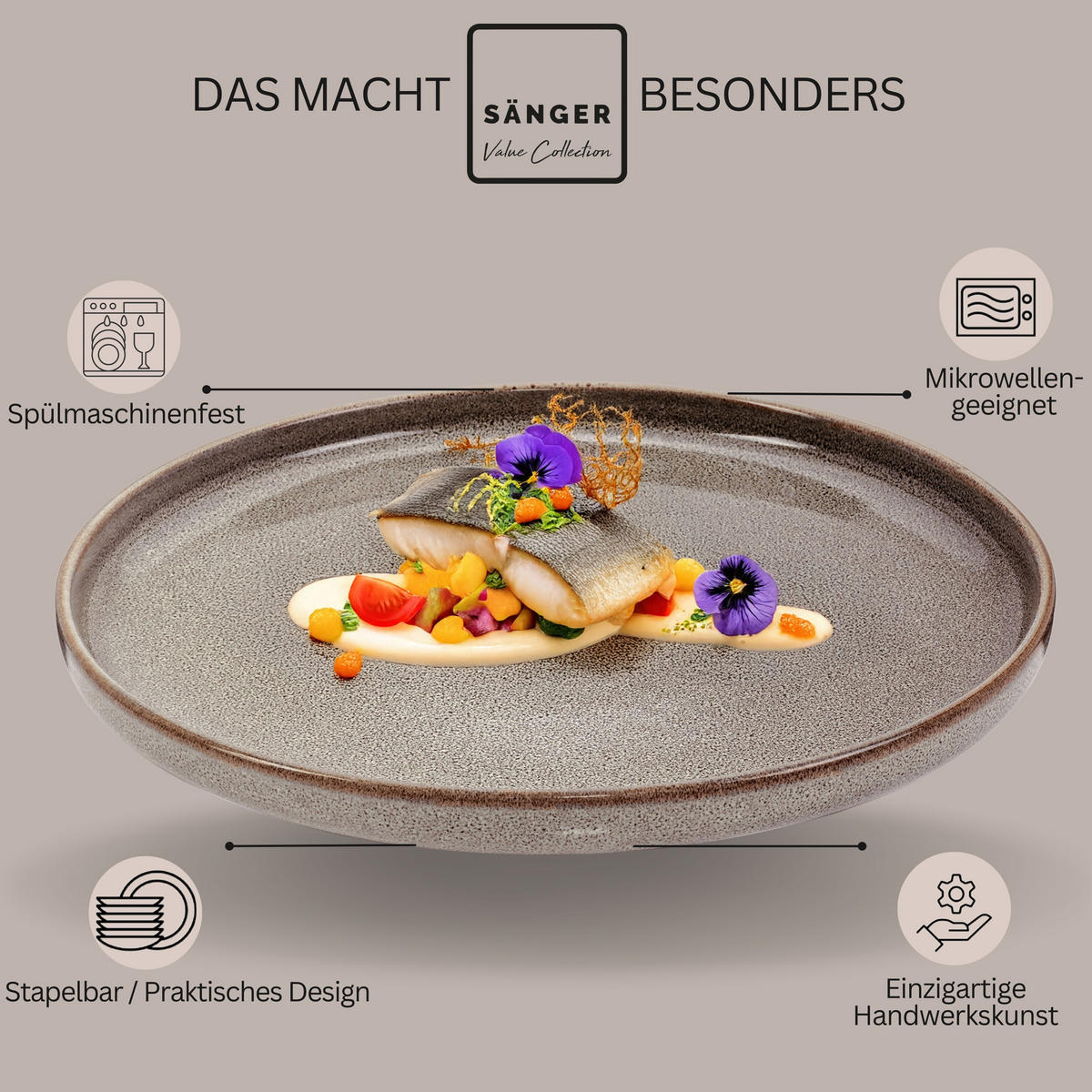 SPEISETELLER SET KAIRO GRAPHIT - 6 teilig aus Steingut - Braun, Keramik (35cm) - Sänger